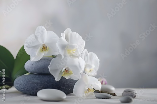 A table with white orchids and spa stones against a backdrop of nature. Superior resolution image, Orchid and polished stones: organic red elegance,Orchids and white towels in the spa area