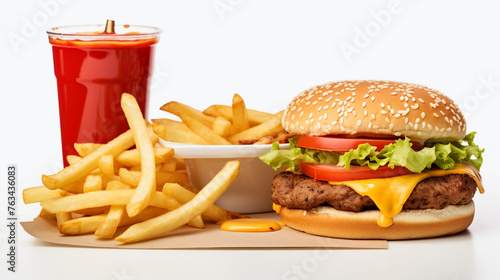 A  photo of a fast food combo meal on a clean white background, featuring a burger, fries, and a soda.
