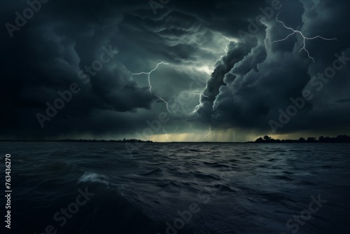 Storm approaching a serene body of water