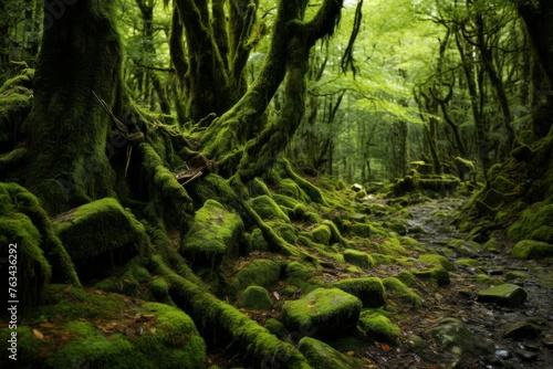 Mossy forest floor covered in a tapestry of green and earthy hues