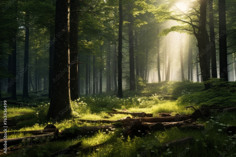 Peaceful forest glade with sunlight streaming through