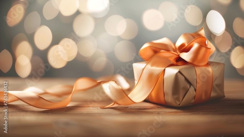 A luxurious golden gift box tied with a silky, satin ribbon against a backdrop of soft, bokeh lights creates a warm, festive ambiance. © Oksana Smyshliaeva