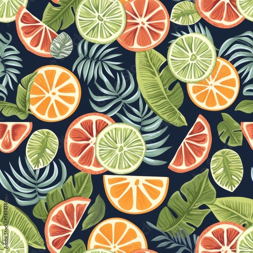 A seamless pattern showcasing a harmonious blend of citrus fruits and tropical leaves against a deep night background, exuding a sophisticated and lush vibe perfect for a variety of designs.