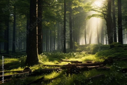 Peaceful forest glade with sunlight streaming through © KerXing