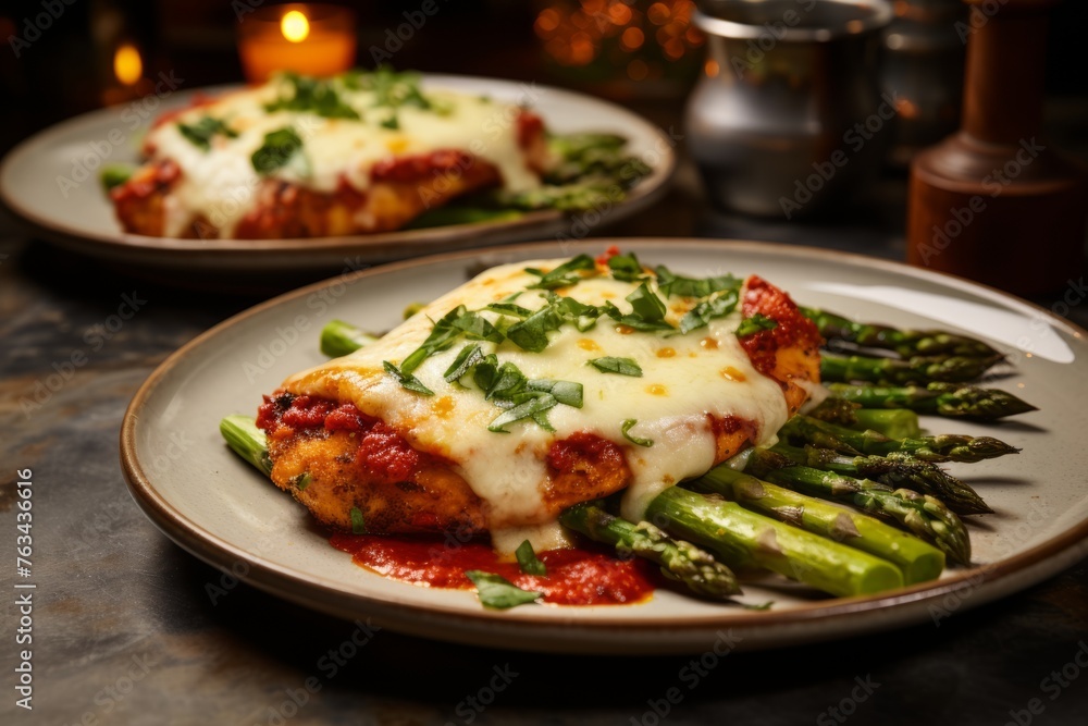 Plates of chicken parmigiana served with a side of roasted asparagus Plates of chicken parmigiana served with a side of roasted asparagus