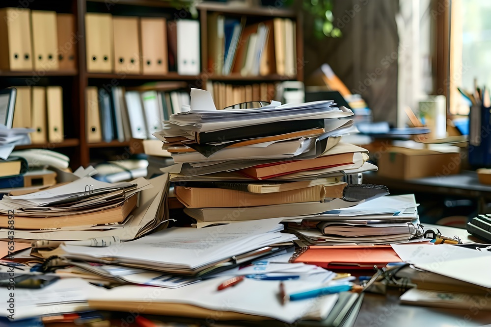 Busy desk cluttered with documents files and paperwork in office setting. Concept Office Chaos, Paper Piles, Desk Organization, Workstation Declutter, Document Management Busy desk cluttered with documents files and paperwork in office setting. Concept Office Chaos, Paper Piles, Desk Organization, Workstation Declutter, Document Management