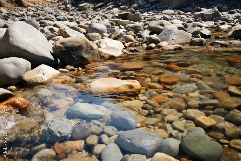 Rocky riverbed with clear water flowing over textured stones Rocky riverbed with clear water flowing over textured stones