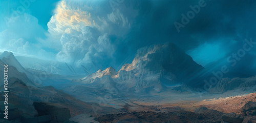 The dark cloud descending upon Mount Sinai evokes a sense of ancient narratives unfolding. Background color photo