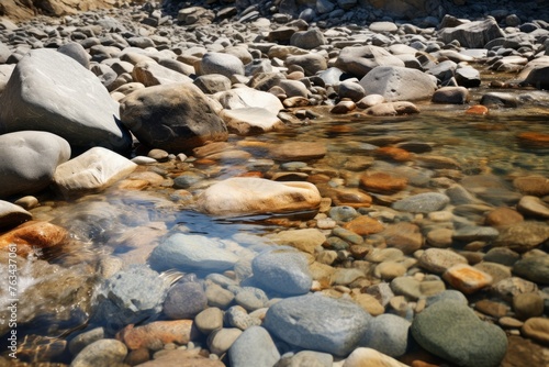 Rocky riverbed with clear water flowing over textured stones
