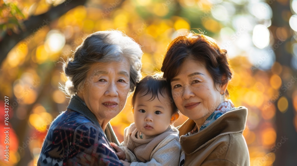 Warm autumn sunlight bathes a grandmother, mother, and child in a tender three-generation family portrait. Warm autumn sunlight bathes a grandmother, mother, and child in a tender three-generation family portrait.
