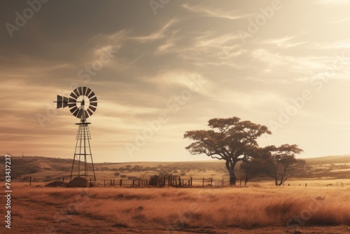 Rustic windmill standing in a serene countryside landscape