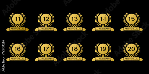 11-20th anniversary celebration collection. anniversary logo with gold ribbon circle and circular leaves