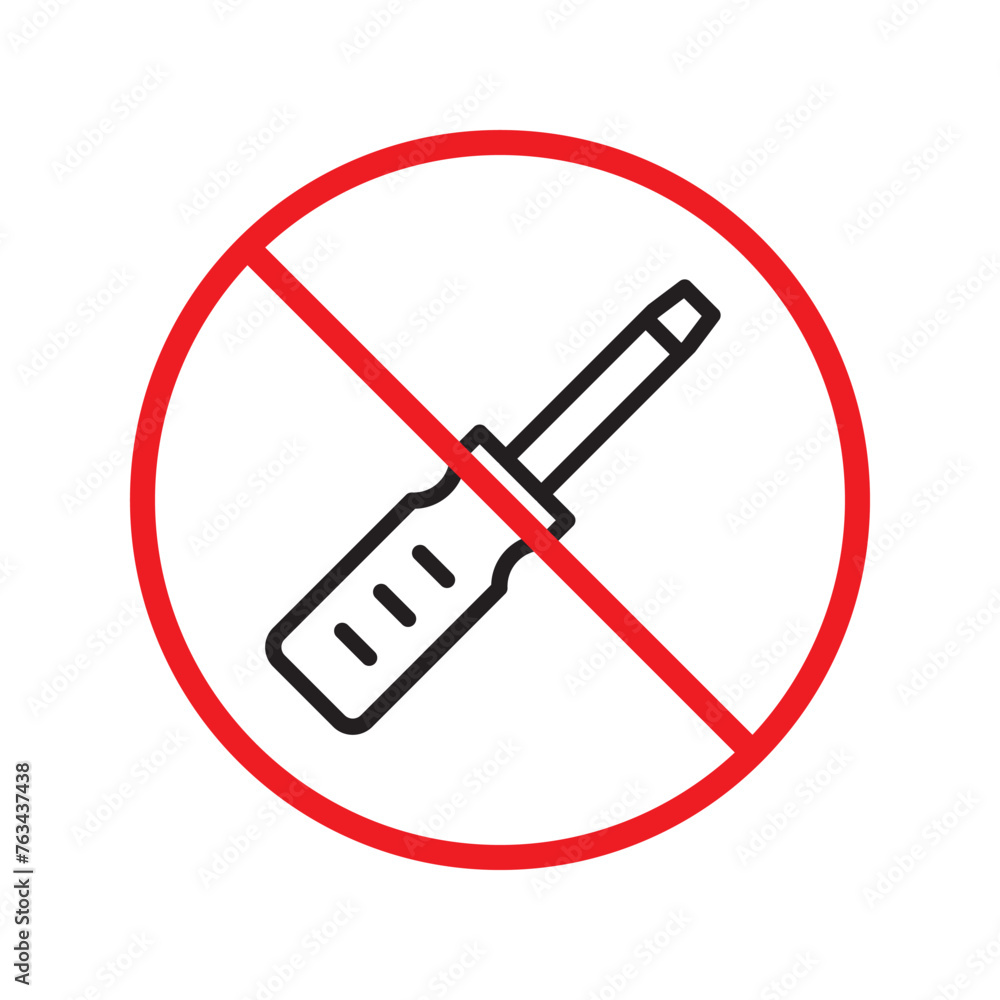 Prohibited screwdriver vector icon. Turn-screw tool flat sign design. Screwdriver flat symbol pictogram. Warning, caution, attention, restriction, danger symbol pictogram Prohibited screwdriver vector icon. Turn-screw tool flat sign design. Screwdriver flat symbol pictogram. Warning, caution, attention, restriction, danger symbol pictogram