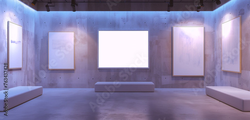 A contemporary art gallery showcasing empty wall frame mockups, illuminated by soft diffused lighting, offering a serene and tranquil setting for art enthusiasts to explore and appreciate creativity