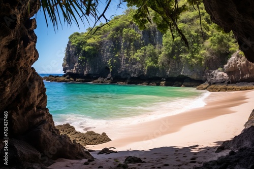 Secluded beach framed by rocky cliffs and lush vegetation