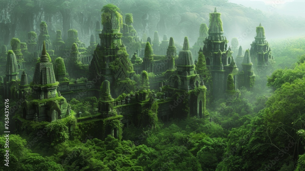 A breathtaking digital artwork of jade-colored spires, ancient and overgrown with lush green foliage, nestled in a misty, emerald forest.