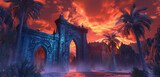 The imposing gates of a navy blue high elf sci-fi palace with detailed elven engravings standing tall in a lush oasis under a fiery red evening sky