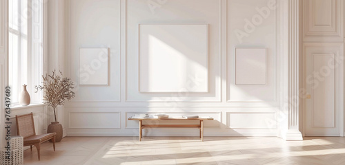 A sophisticated art gallery featuring a pristine empty wall frame mockup, bathed in natural light, creating an ambiance of elegance and refinement, perfect for displaying fine art pieces