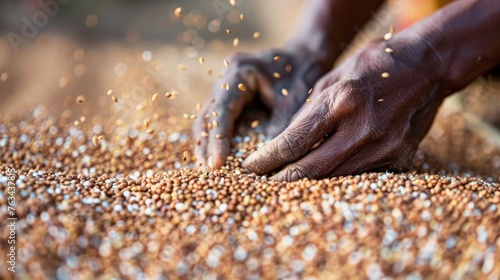 A person standing with hands on a pile of grain, showcasing the harvest of buckwheat in an agricultural setting