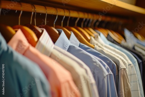 Clean, ironed shirts on a hanger in a store or at home in a light wardrobe. Clothing store concept for sale 