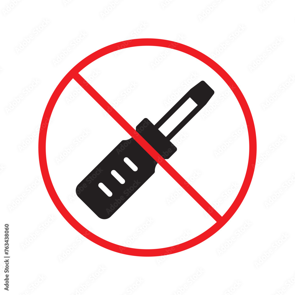 Prohibited screwdriver vector icon. Turn-screw tool flat sign design. Screwdriver flat symbol pictogram. Warning, caution, attention, restriction, danger symbol pictogram Prohibited screwdriver vector icon. Turn-screw tool flat sign design. Screwdriver flat symbol pictogram. Warning, caution, attention, restriction, danger symbol pictogram