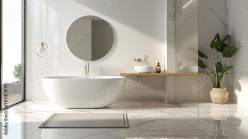 A contemporary bathroom featuring a spacious white bathtub and a circular mirror  designed with clean lines and a minimalist aesthetic