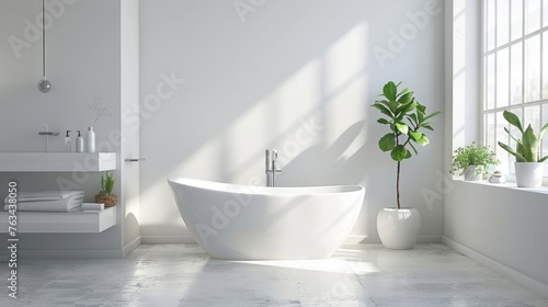 A clean white bathroom featuring a tub with a green plant in the corner, illustrating simplicity and cleanliness