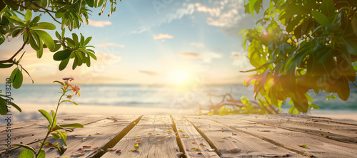 Wooden deck on tropical beach at sunset, Panoramic banner