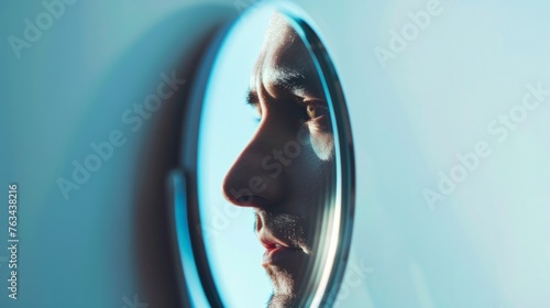 A man standing in front of a mirror, looking at his own reflection intently