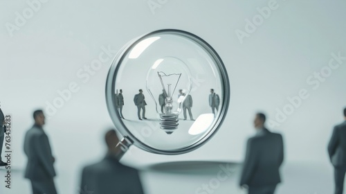 Group of individuals gathered around a glowing light bulb, engaging in discussions, brainstorming ideas, and collaborating on innovative concepts in a modern office setting