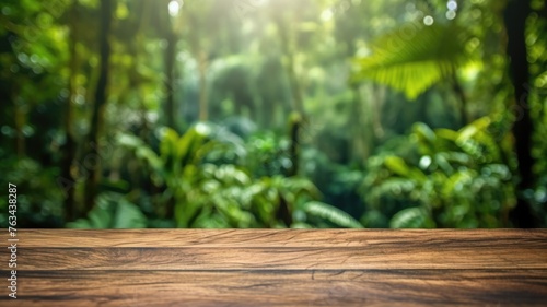 The empty wooden table top with blur background of Amazon rainforest. Exuberant image. generative ai