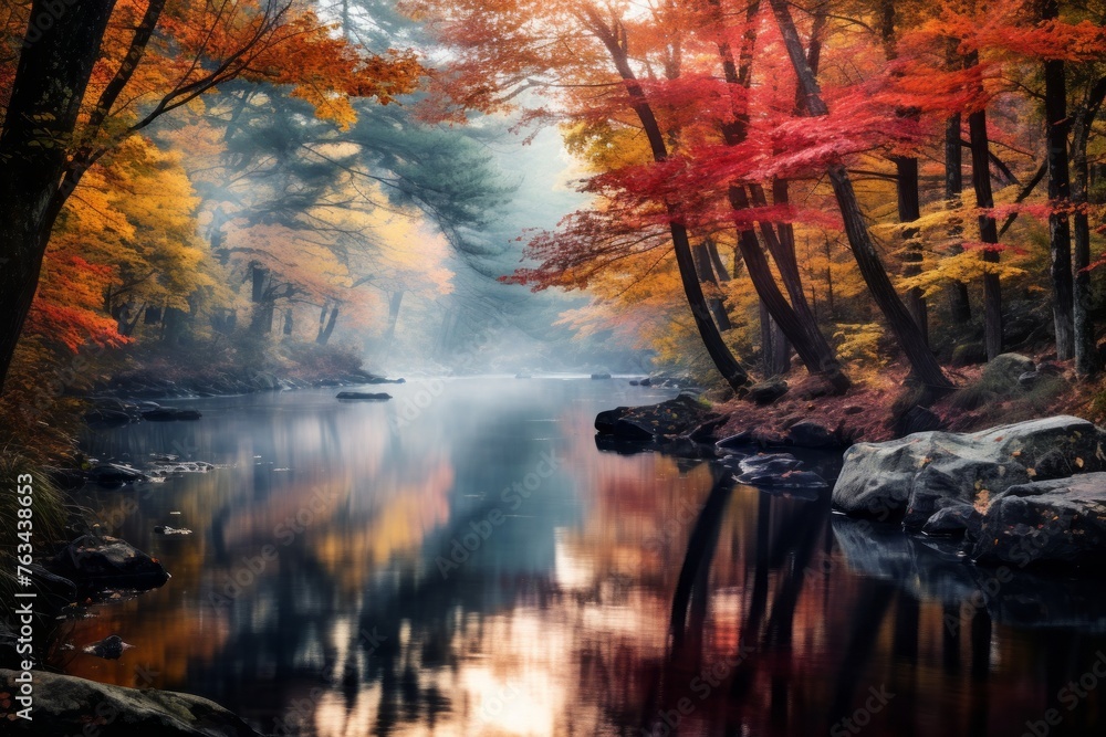 Tranquil river reflecting the colors of autumn foliage