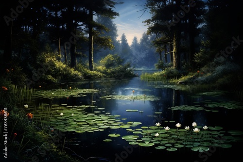 Tranquil pond reflecting the beauty of its surroundings in a captivating natural scene