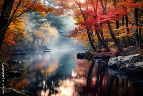 Tranquil river reflecting the colors of autumn foliage
