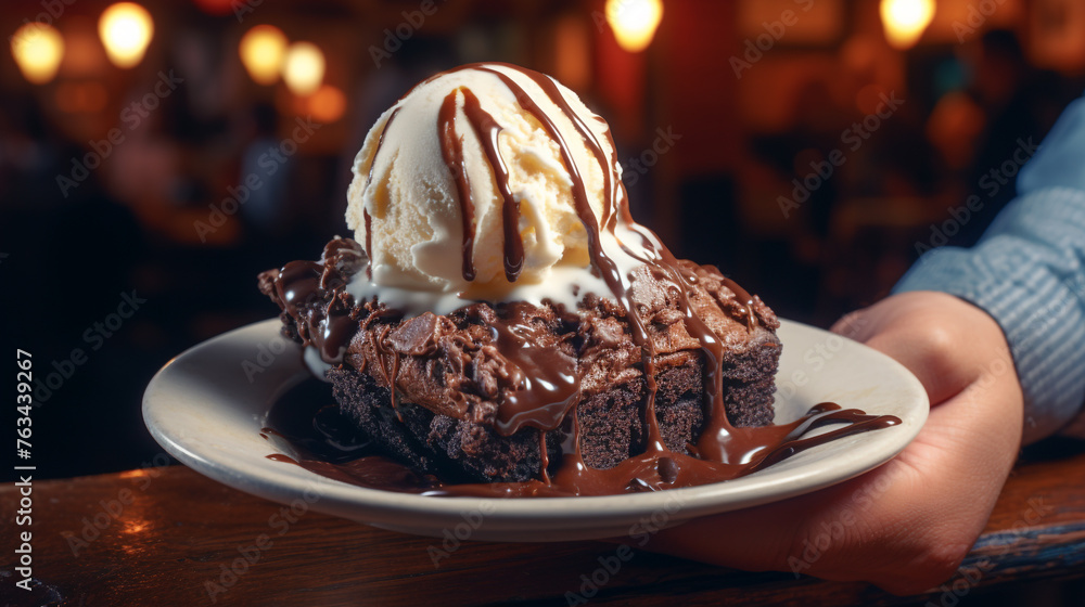 A picture of a person savoring a gooey, chocolatey brownie topped with vanilla ice cream, the ultimate dessert.