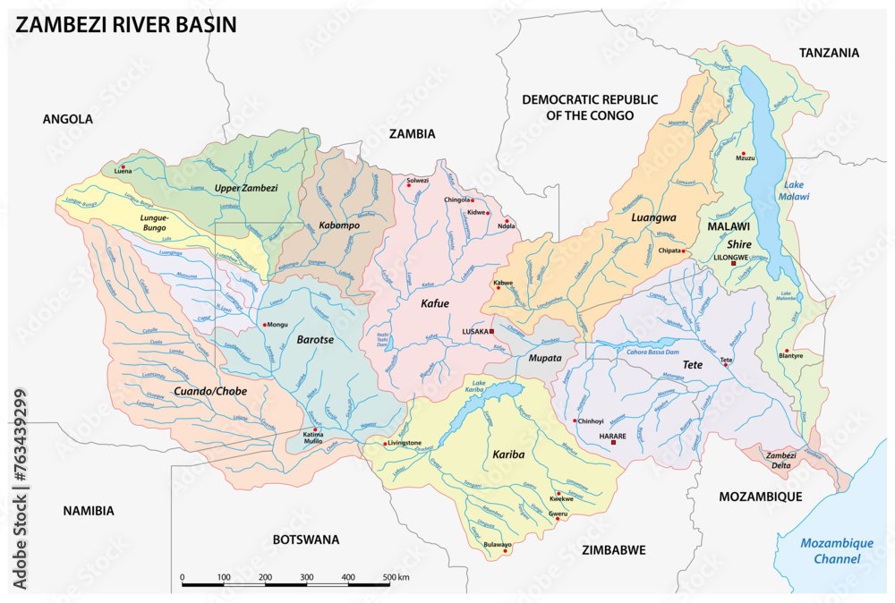 Detailed vector map of Zambezi River Basin