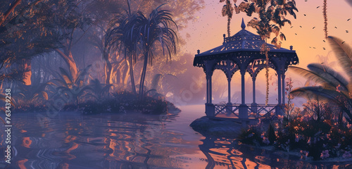 A secluded gazebo within the navy blue elf palace oasis, designed with elven elegance, surrounded by whispering palms and tranquil waters, under a soft pastel orange twilight photo