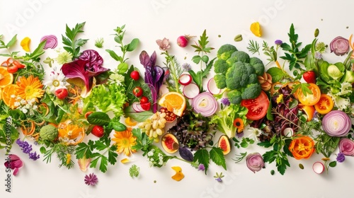 Various types of fresh vegetables arranged neatly on a white surface, showcasing colors and textures