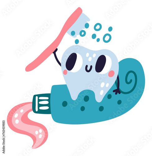 Tooth character cleaning with brush. Funny dentistry mascot