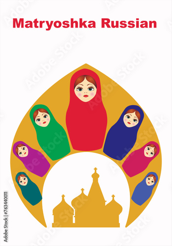 Collection of nesting dolls symbol of Russia logo. Matryoshka isolated. Family nesting dolls Beautiful matryoshka doll with a cute face. Set of Russian dolls. Vector flat illustration  