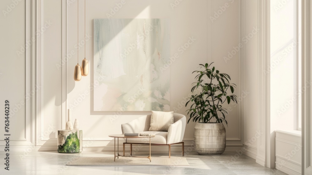 A modern living room featuring a chair and a plant as the main elements A modern living room featuring a chair and a plant as the main elements