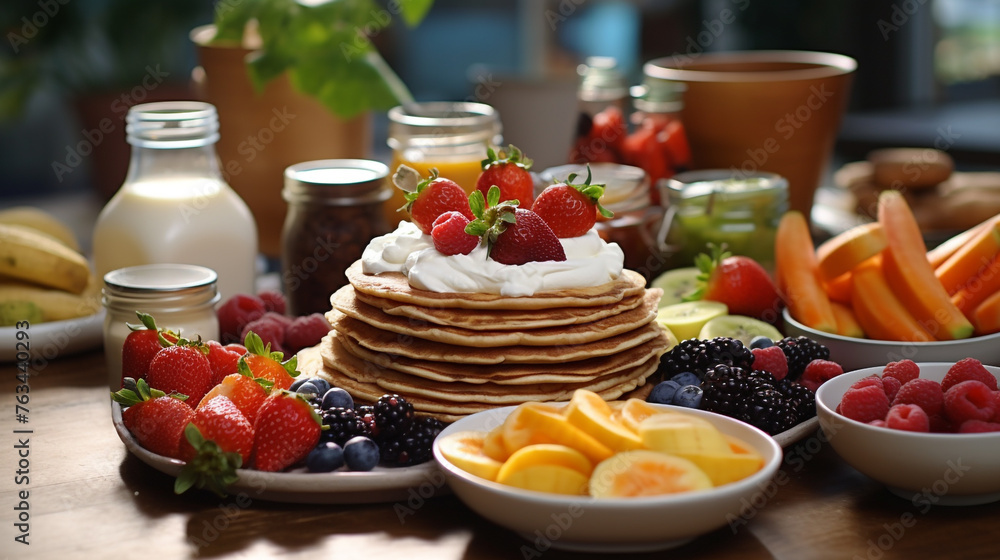 A  shot of a healthy breakfast spread, featuring whole-grain pancakes, Greek yogurt, and a variety of fresh fruits.
