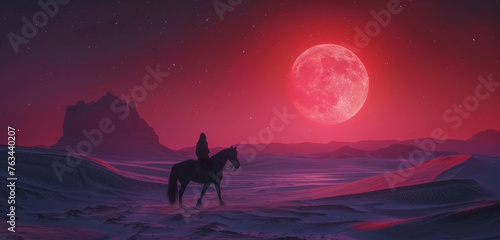 A solitary black horse with a girl rider explores a desert under a bright red moon, the sands a gentle grey, offering a stark yet beautiful landscape © digi