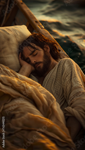 Illustration of the representation of Jesus Christ sleeping in a boat during the beginning of a great storm. Jesus Christ peacefully sleeping on the boat.