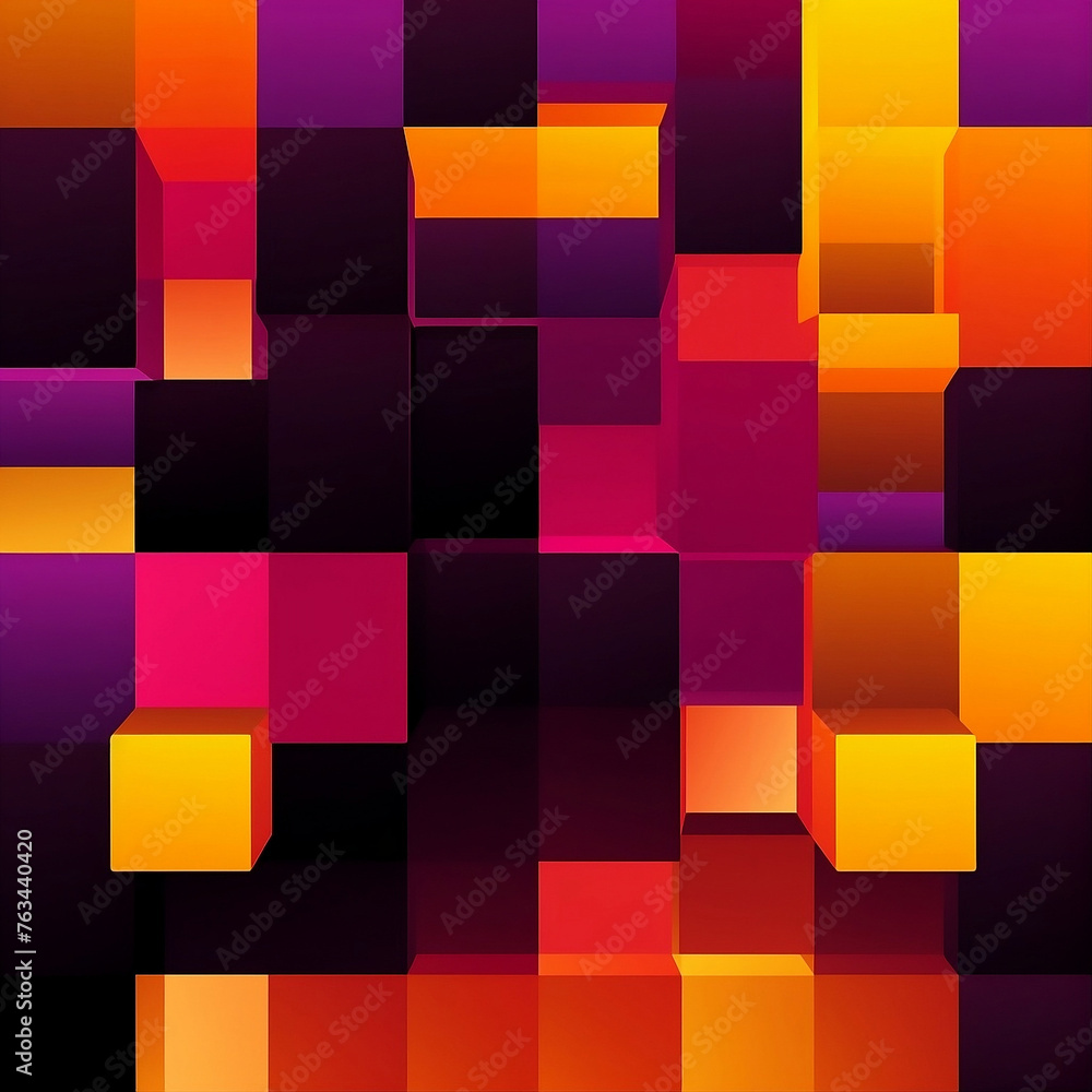 An abstract vector graphic design of yellow, red and purple squares arranged in an asymmetrical pattern, 1:1