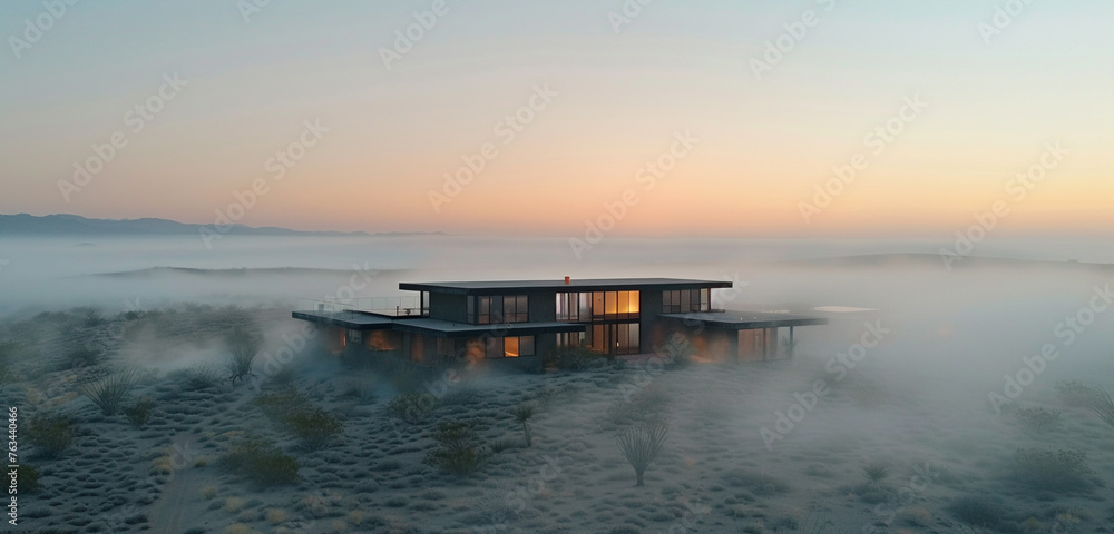 A sprawling desert residence, with a flat roof and several rooms, during an early morning fog, with the sky a soft, diffused light, creating a mysterious atmosphere around the home