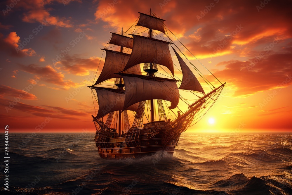 A pirate's ship sailing through a breathtaking sunrise