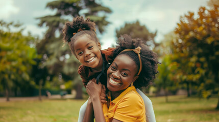 Happy african mother having fun with her daughter outdoor  - Family people and mother's day concept - Models by AI generative