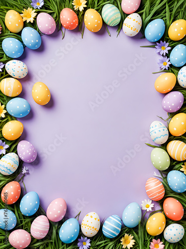 Colorful Easter eggs and flowers on purple background. Vector illustration.