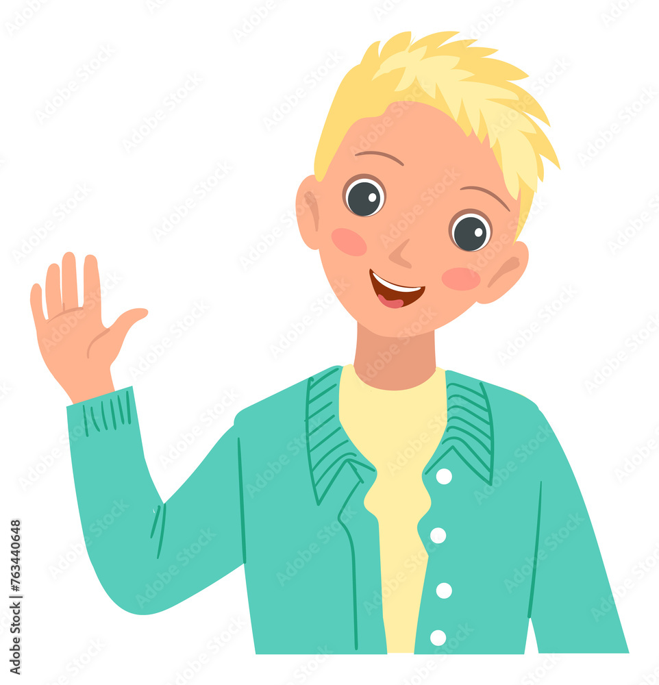 Funny boy greeting gesture. Cartoon kid waving hand Funny boy greeting gesture. Cartoon kid waving hand